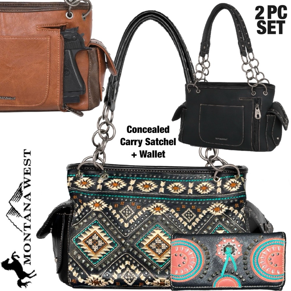 Concealed Carry Set MONTANA WEST Embroidered Aztec Black Satchel Purse & Wallet